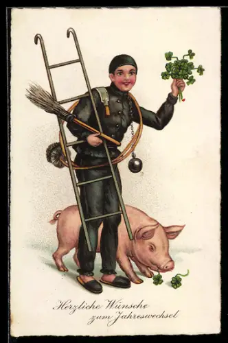 AK Schornsteinfeger mit Schwein und Glücksklee