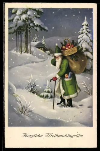 AK Weihnachtsmann mit Geschenken beladen im Schnee