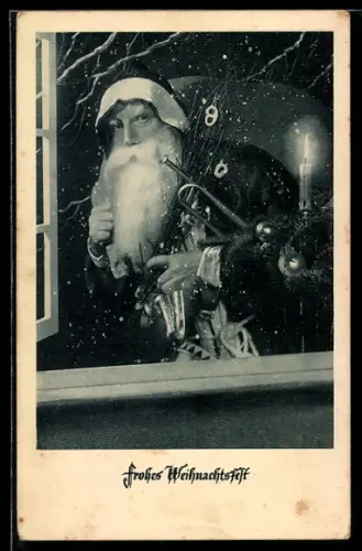 AK Weihnachtsmann mit Geschenken am Fenster