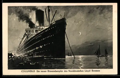 AK Passagierschiff Columbus des Norddeutschen LIoyd Bremen nachts im Hafen vor Anker liegend