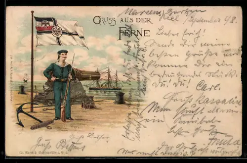 Lithographie Matrose der Kaiserlichen Marine auf Wache an einem Küstengeschütz