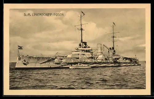 AK Linienschiff S.M.S. Posen mit Barkasse länggseits, Kriegsschiff