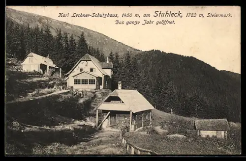 AK Karl Lehchnerhaus, Blick auf die Hütten am Waldrand