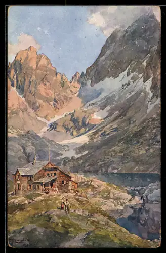 Künstler-AK Edward Theodore Compton: Karlsbader Hütte, Leute vor der Karlsbader Hütte im Laserz