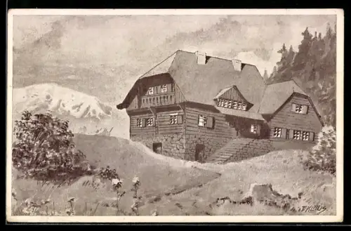 Künstler-AK F. Klaus: Hohe Mandling, Berndorfer Hütte der Ortsgruppe Berndorf des österreichischen Gebirgsvereins