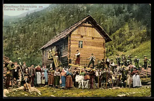AK Baldramsdorf, Krendlmar-Schutzhütte am Goldeck mit Wanderern