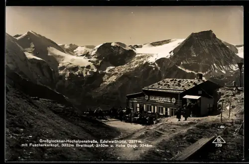 AK Edelweisshütte, Bes. Peter Lederer, Anblick der Berghütte mit Fuscherkarkogel, Breitkopf und Hohem Dock, 