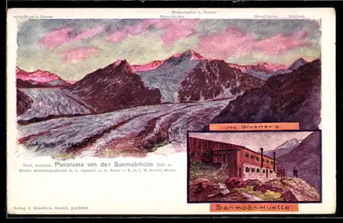 Künstler-AK F.A.C.M. Reisch: Jos. Grueners Sanmoar-Huette, Panorama mit Gletscher