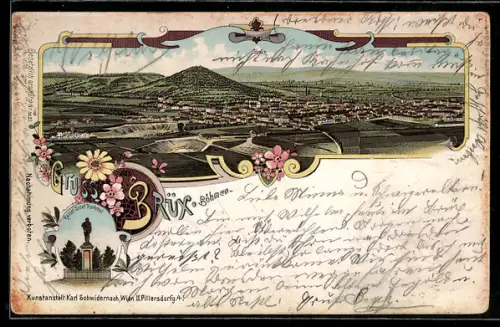 Lithographie Brüx, Totalansicht mit Umgebung, Kaiser Josef-Denkmal