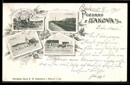 AK Bakov nad Jizerou, Námestí, Zastávka, Ulice Belska a Byvale Masne Kramy
