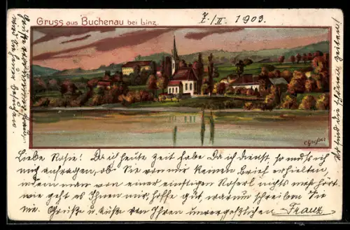 Lithographie Puchenau bei Linz, Ortspanorama mit Kirche vom Wasser aus