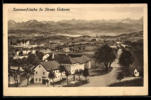 AK Schönau im Mühlkreis, Strass-Grünau, Sommerfrische mit Kirche und Gebirgszug