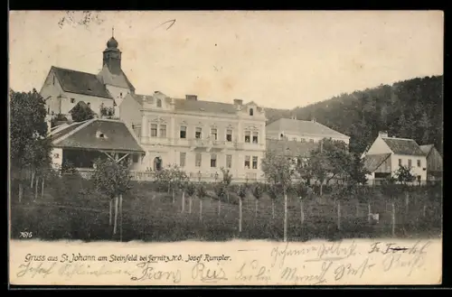 AK St. Johann am Steinfeld, Ortspartie mit Kirche