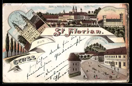 Lithographie St. Florian, Stift & Markt, Stifts Kirche