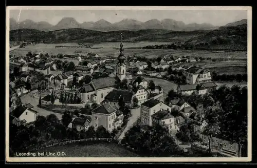 Künstler-AK Leonding bei Linz, Teilansicht mit Kirche