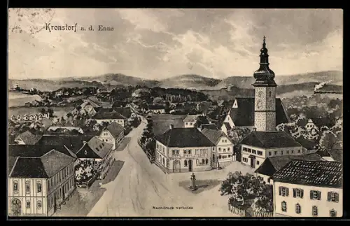 Künstler-AK Kronstorf a. d. Enns, Strassenpartie mit Kirche