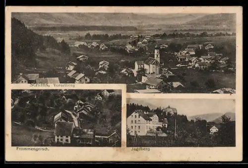 AK Schlins /Vorarlberg, Teilansicht mit Kirche, Jagdberg, Frommengersch