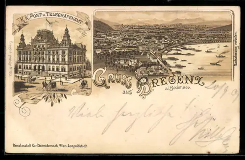 Lithographie Bregenz a. Bodensee, Ortsansicht, K. K. Post- u. Telegrafenamt