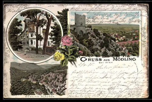 Lithographie Mödling, Hotel Hayjek, Klausen-Panorama, Gesamtansicht mit Burgruine