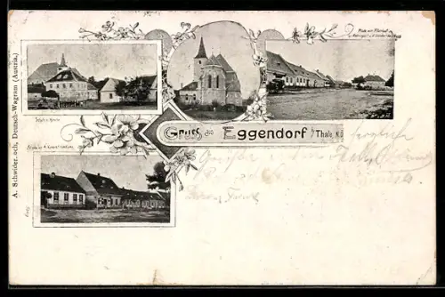 AK Hollabrunn, Eggendorf im Thale, Schule und Kirche, Platz mit Pfarrhof und Rohringers Gasthaus