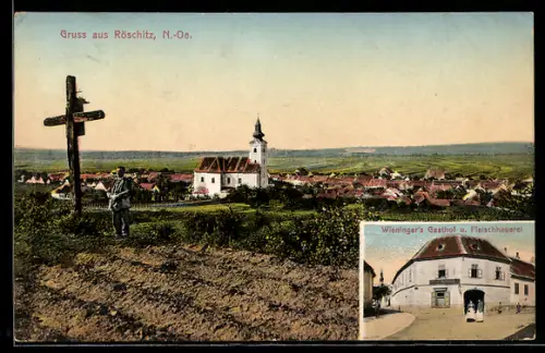 AK Röschitz, Ortsansicht, Wieninger`s Gasthof u. Fleischhauerei