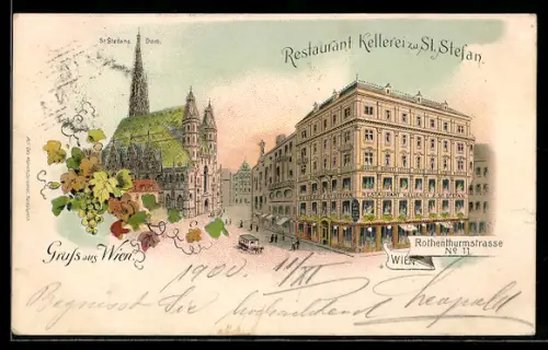 Lithographie Wien, Restaurant Kellerei zu St. Stephan, Rothenthurmstrasse 11, St. Stefans-Dom