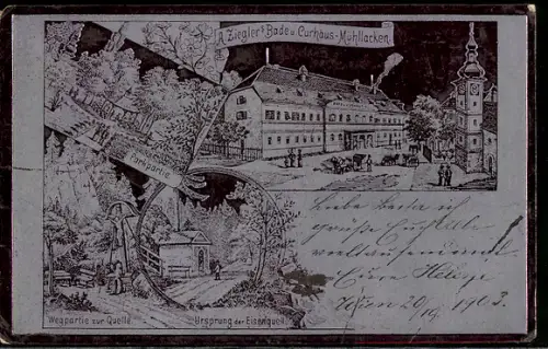 Lithographie Mühllacken, Bade- u. Kurhaus A. Ziegler, Parkpartie, Ursprung der Eisenquelle