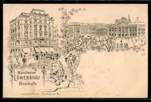 Künstler-AK Wien, Gasthaus Münchner Löwenbräu, Strassenpartie