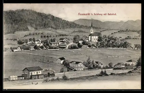 AK Neumarkt, Bahnhof mit Eisenbahn, Ortsansicht mit Kirche