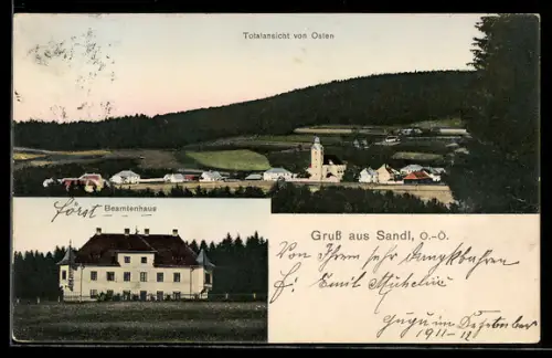 AK Sandl /O.-Ö., Totalansicht von Osten, Beamtenhaus
