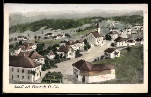 Künstler-AK Sandl bei Freistadt, Strassenpartie mit Kirche