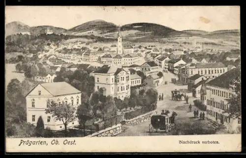 Künstler-AK Prägarten /Ob.-Oest., Strassenpartie mit Kirche