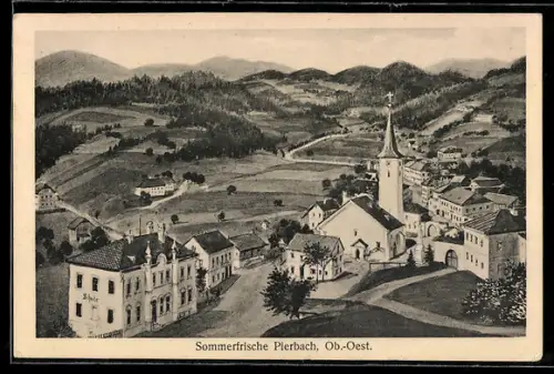 Künstler-AK Pierbach /Ob.-Oest., Strassenpartie mit Kirche
