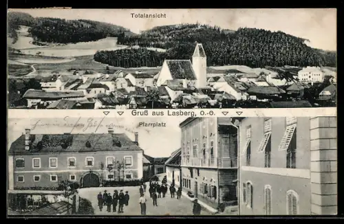 AK Lasberg /O.-Ö., Pfarrplatz und Gesamtansicht