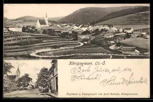 AK Königswiesen /Ob.-Ö., Teilansicht mit Kirche, Strassenpartie