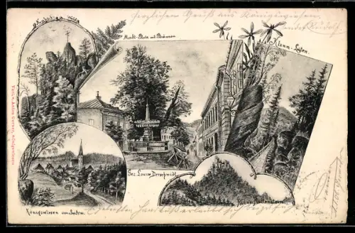 Lithographie Königswiesen, Kirche von Süden, Ruine Ruttenstien, Nussböck-Wald