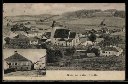 AK Gutau /Ob.-Oe., Gasthaus, Teilansicht mit Kirche