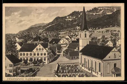 Künstler-AK Hörbranz b. Bregenz, Strassenpartie mit Kirche