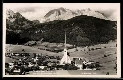 AK Alm b. Saalfelden, Ort mit Kirche und Hochkönig