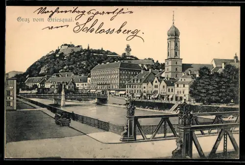 AK Graz, Blick vom Griesquai mit Brücken und Schlossberg