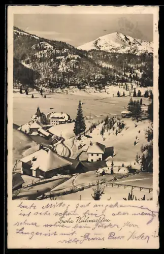 AK Flattnitz /Kärnten, Winterpanorama mit Ort und Bergen, Weihnachtsgruss