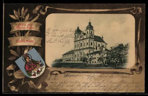 Lithographie Maria-Plain, Wallfahrtskirche, Wappen, Passepartout