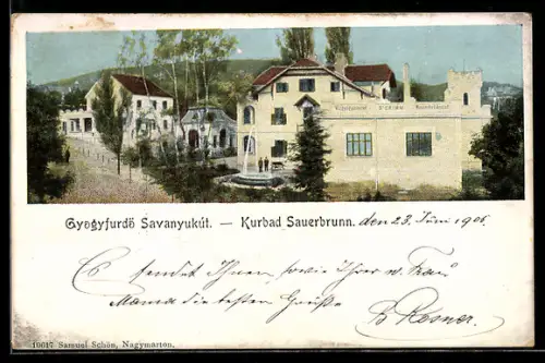 AK Sauerbrunn, Strassenpartie mit Wasserheilanstalt
