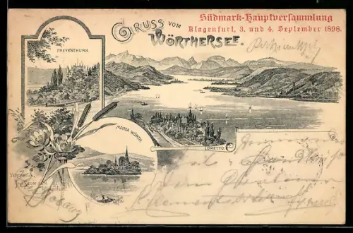 Lithographie Maria Wörth, Loretto, Panorama mit Wörthersee und Freyenthurn