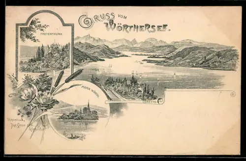 Lithographie Maria Wörth, Loretto, Panorama mit Wörthersee und Freyenthurn