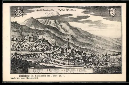 Künstler-AK Wolfsberg im Lavanttal, Teilansicht mit Schloss, Kapuziner-Kloster und Spital zum Heiligen Geist 1677