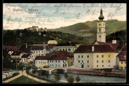 AK Wolfsberg /Kärnten, Ortspartie mit Schloss und Kirche