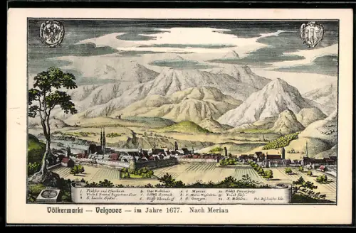 Künstler-AK Völkermarkt, Teilansicht mit Rathaus, Kirche St. Mrcus und Kirche St. Georgen nach Merian 1677