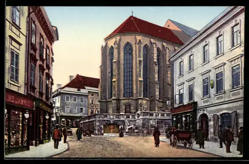 AK Villach, Hauptplatz mit Stadtpfarrkirche und Geschäften