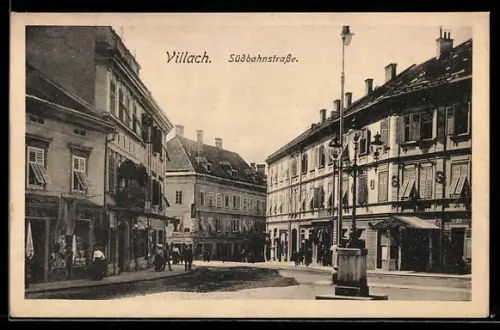 AK Villach, Südbahnstrasse mit Geschäften